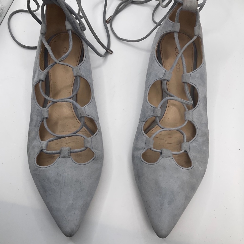 Coach Blue Suede Lace-Up Flats – Size 8.5B –Coquette Pointed Toe Ballet Shoes‎